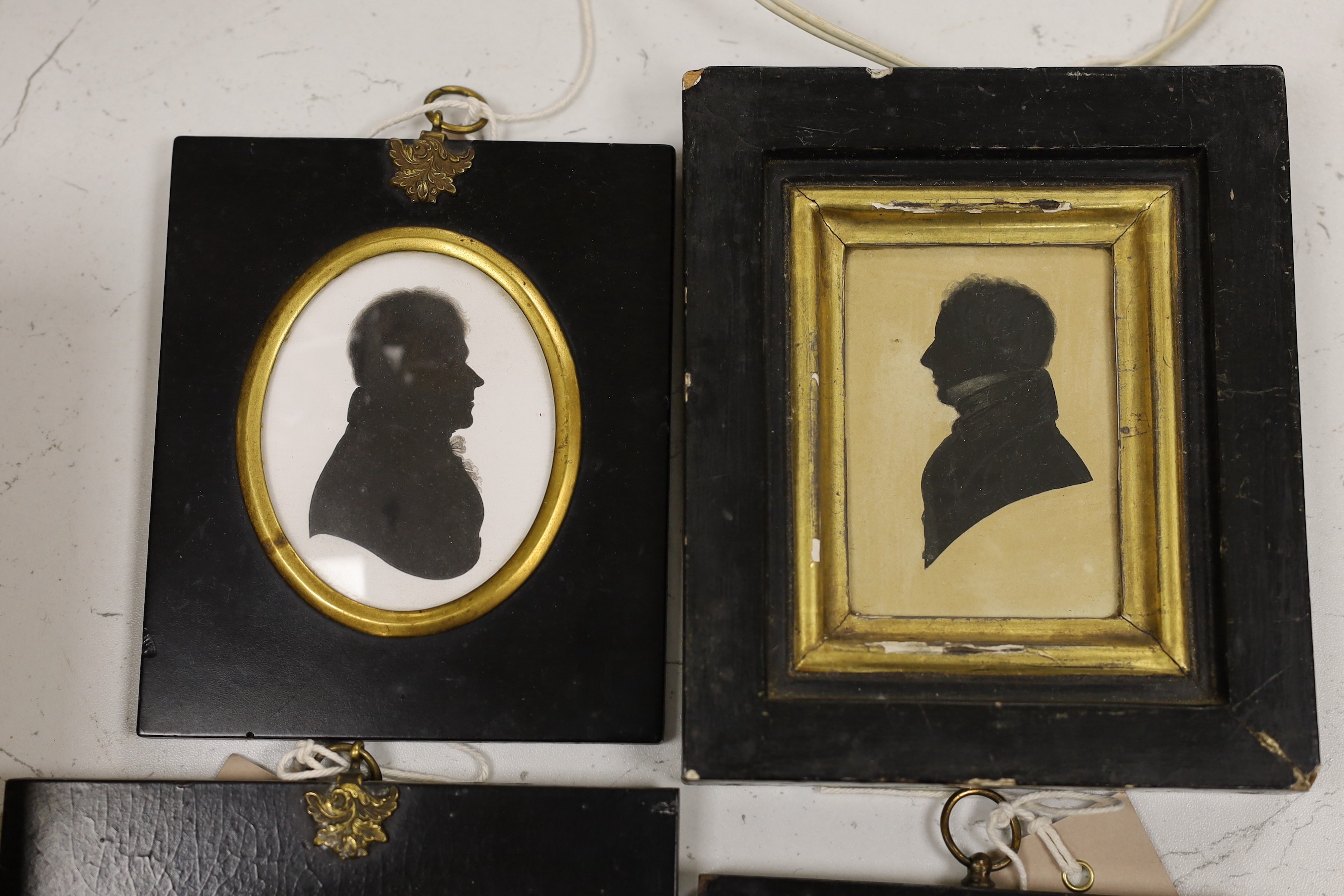 John Miers (1758-1821), painted silhouette of George Augustus Legge 1826, 8 x 6cm, two painted plaster silhouettes, a printed silk miniature and a daguerrotype (5)